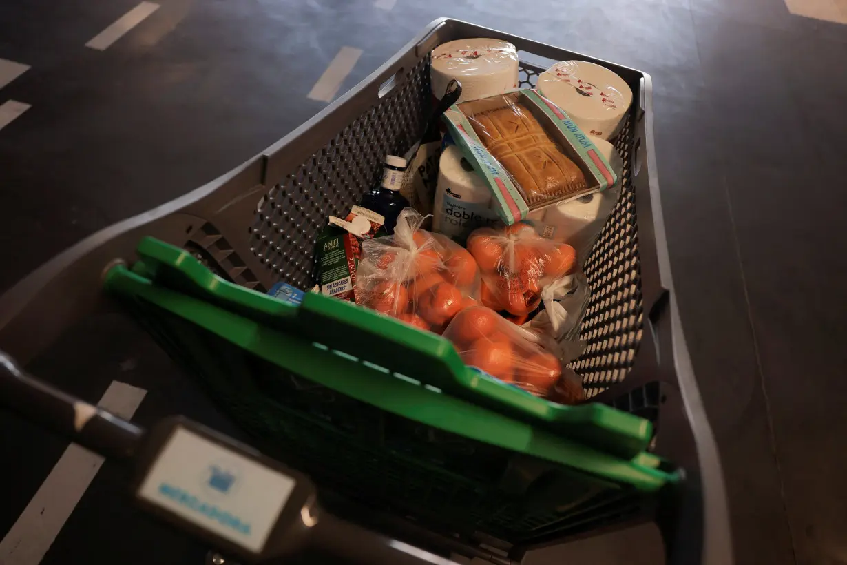 Groceries in a shopping cart at Mercadona supermarket, in Ronda