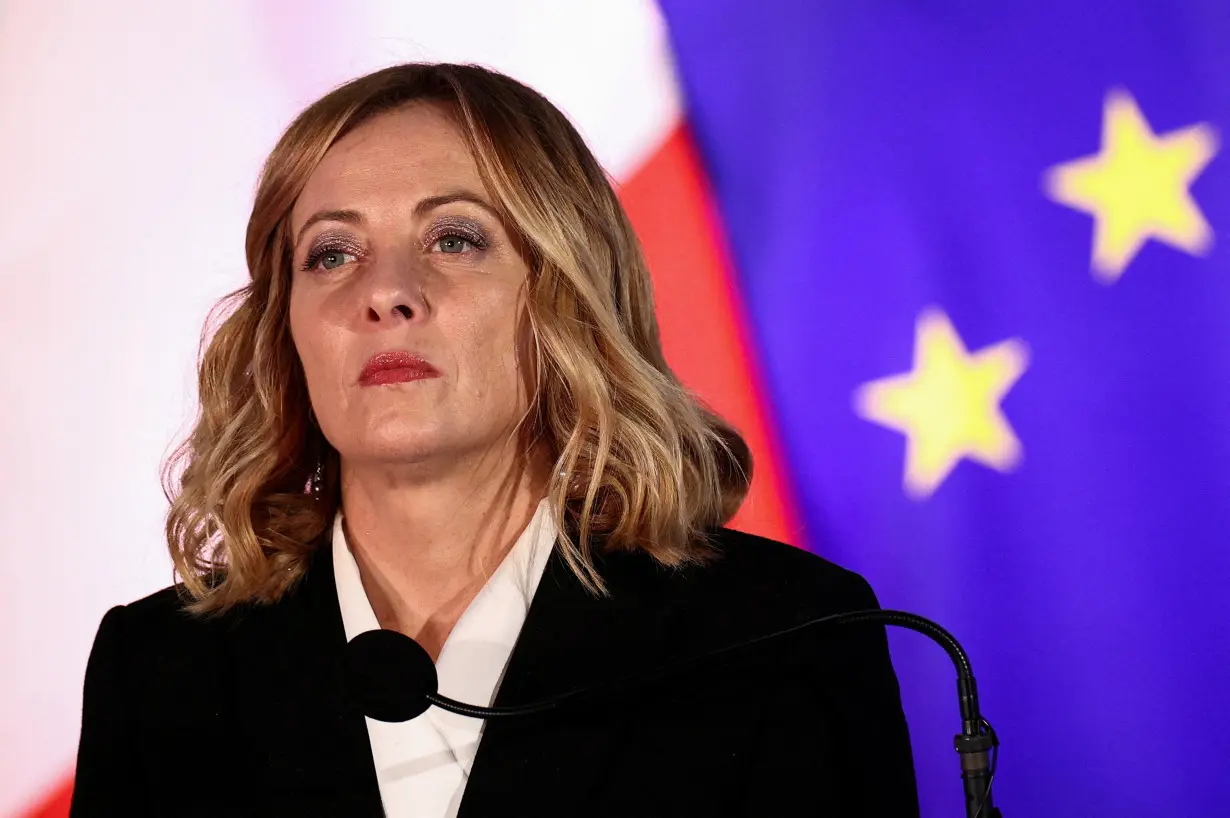 FILE PHOTO: Italian Prime Minister Giorgia Meloni makes a statement to media in Rome