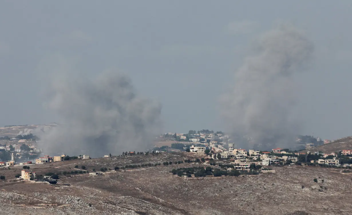 Smoke billows near Nabatieh, amid ongoing hostilities between Hezbollah and Israeli forces, as seen from Marjayoun