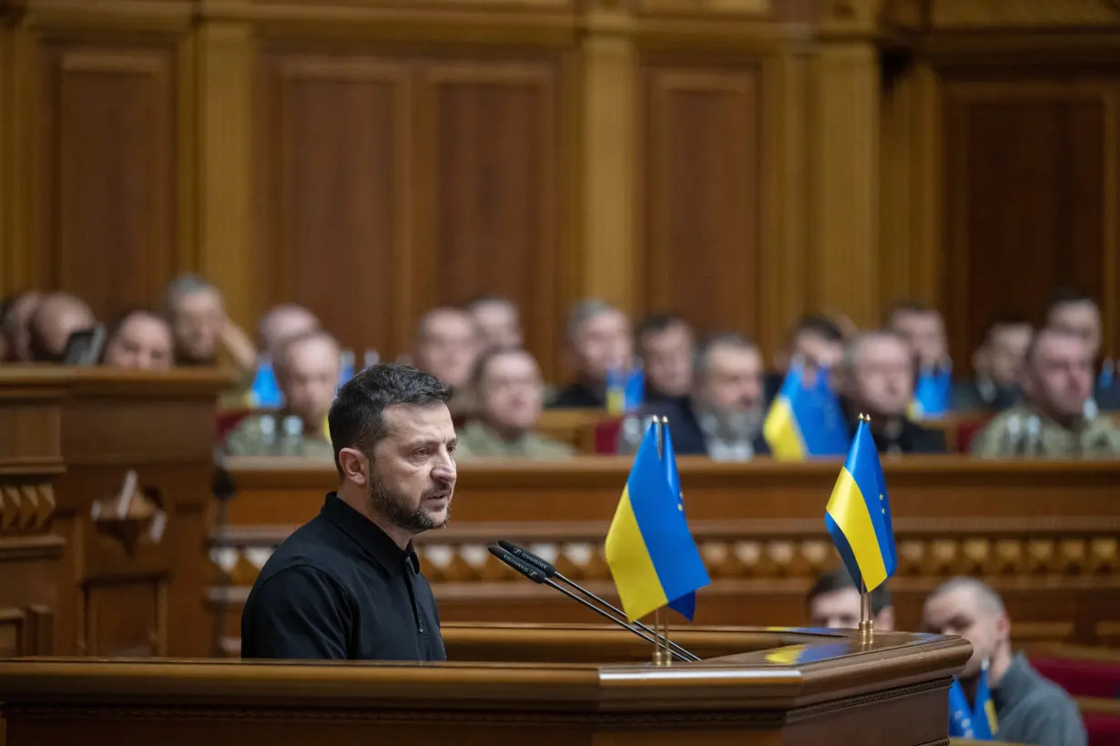 Ukraine's President Zelenskiy addresses lawmakers during a parliament session in Kyiv