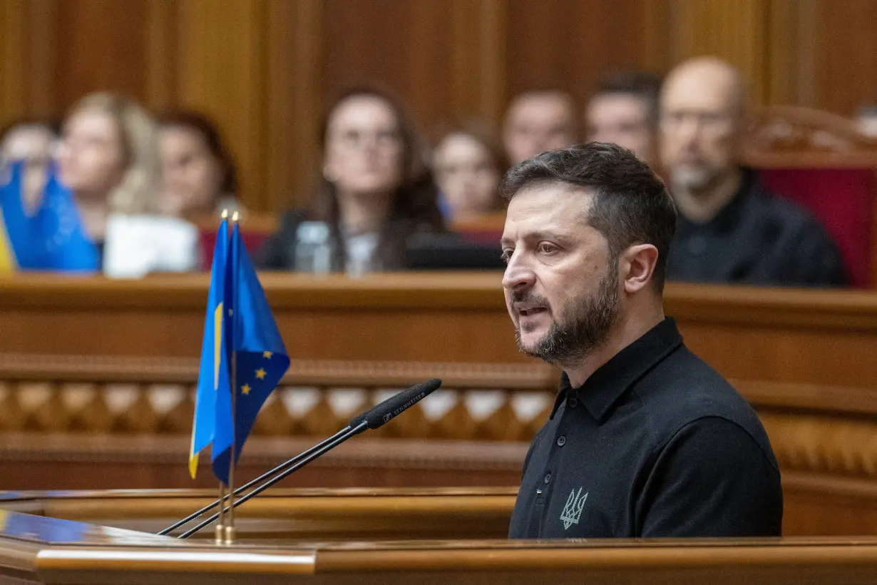 Ukraine's President Zelenskiy addresses lawmakers during a parliament session in Kyiv