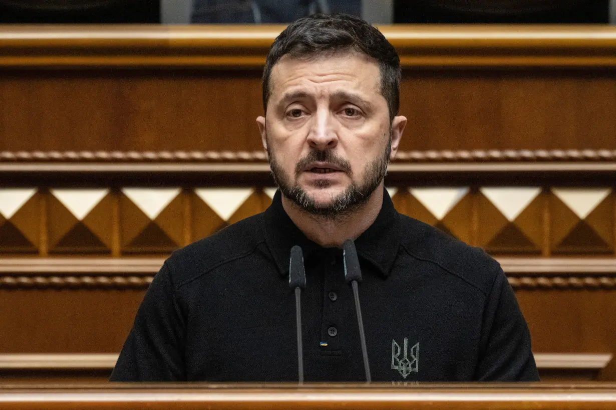 Ukraine's President Zelenskiy addresses lawmakers during a parliament session in Kyiv