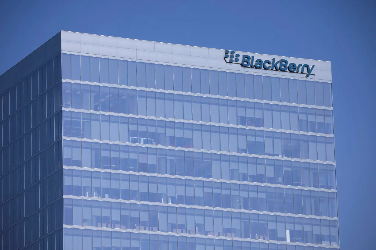 The Blackberry logo is shown on a office tower in Irvine, California