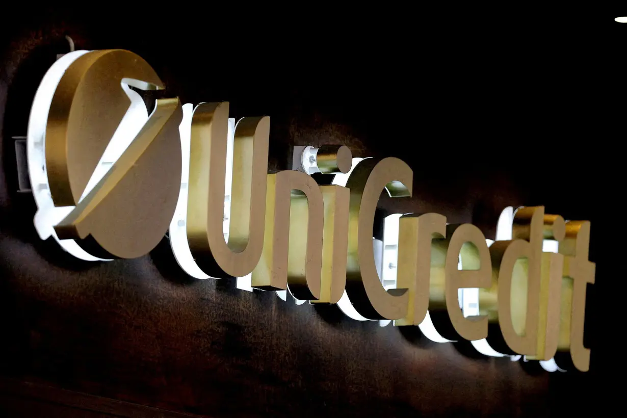 FILE PHOTO: The UniCredit bank logo in the old city centre of Siena, Italy