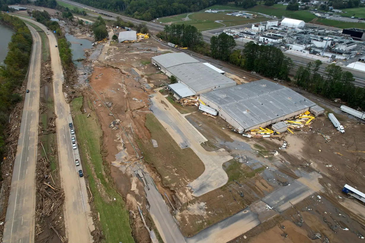 Damage caused by flooding from Hurricane Helene is seen around Impact Plastics on October 4 in Erwin, Tennessee.