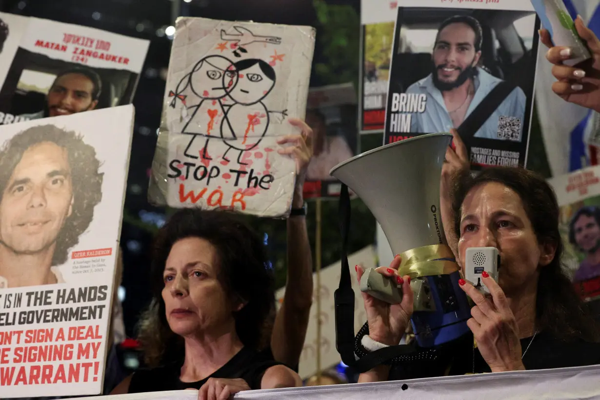 Families and supporters of hostages kidnapped during the deadly October 7, 2023 attack, protest in Tel Aviv