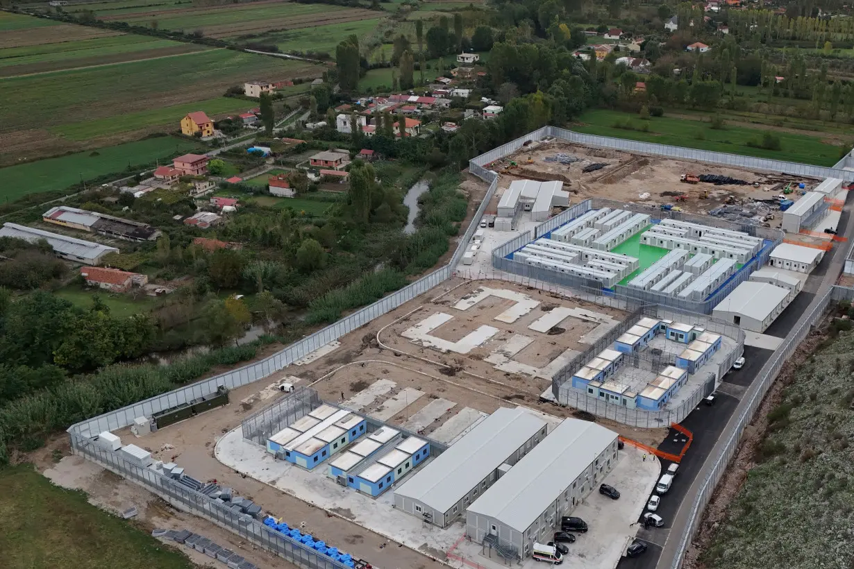 A drone view of the camp for illegal migrants who would be brought from Italy in Gjader