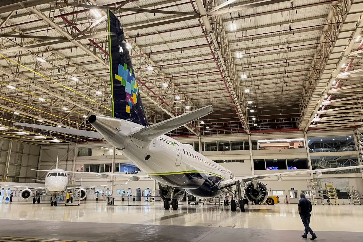 A view of commercial jets at Embraer's headquarters in Sao Jose dos Campos