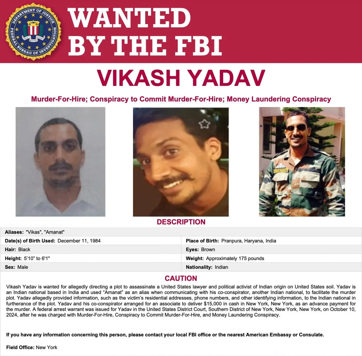 FBI poster for wanted former Indian intelligence officer Vikash Yadav