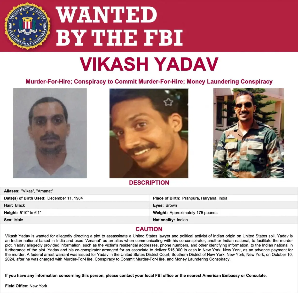 FILE PHOTO: FBI poster for wanted former Indian intelligence officer Vikash Yadav