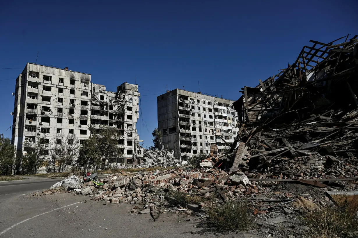 View shows apartment buildings damaged by Russian military strikes in the town of Orikhiv