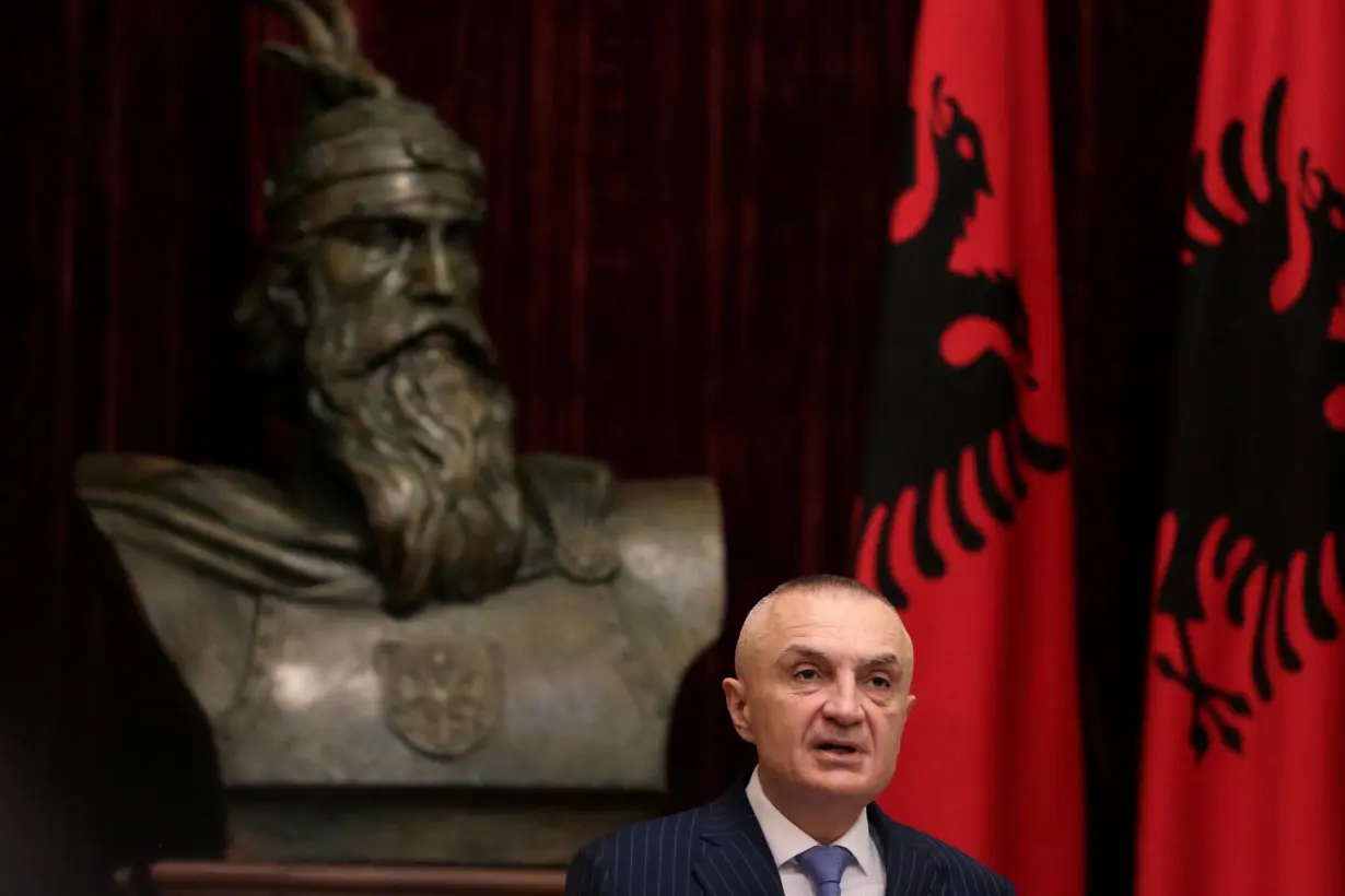 Albanian President Ilir Meta delivers a speech during a news conference in Tirana