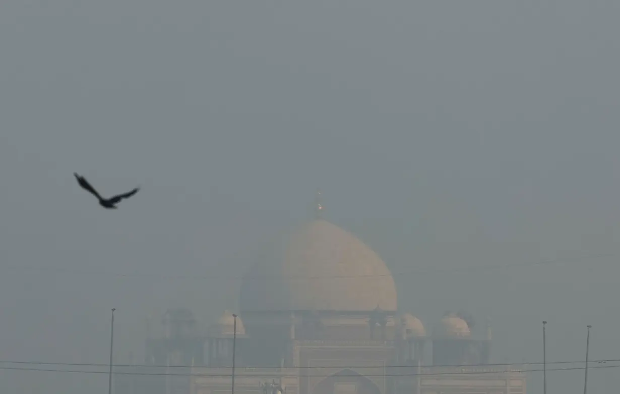 A view of Humayun's Tomb amidst the morning smog, in New Delhi