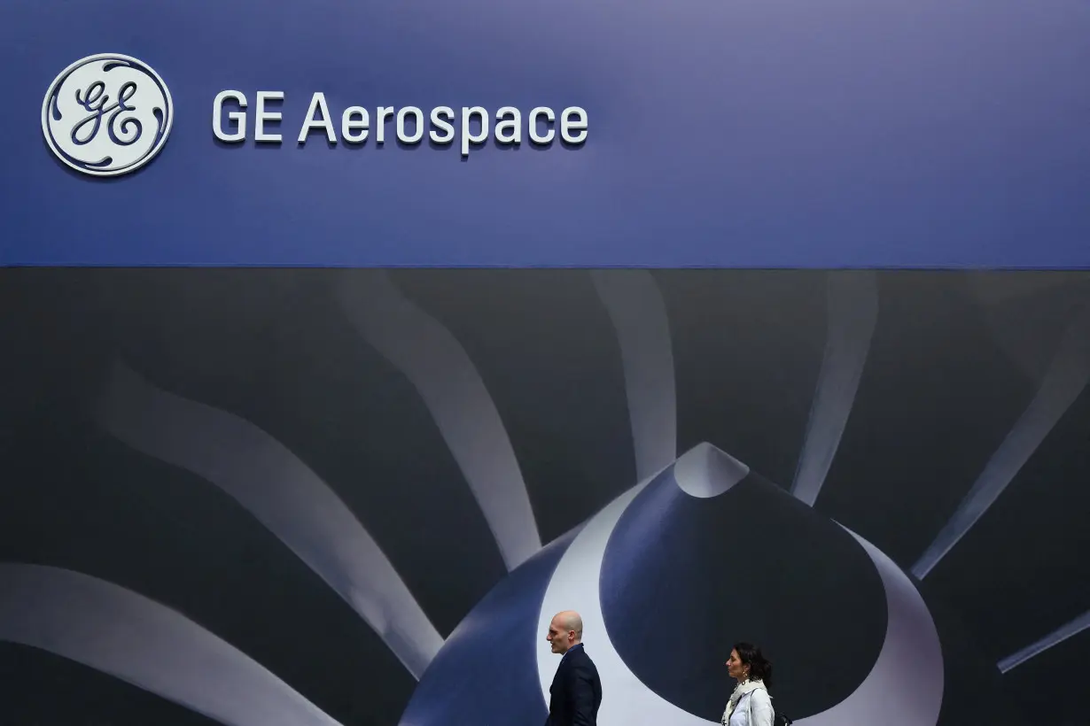 FILE PHOTO: GE Aerospace branding at Farnborough International Airshow, in Farnborough