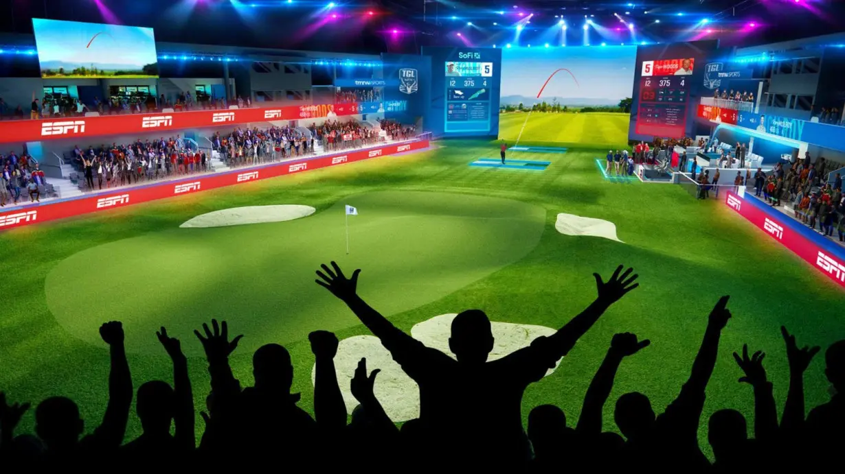 A rendering of the course setup for TGL, a tech-infused indoor golf league set to tee off in January 2025.