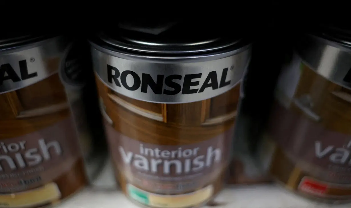 A can of Ronseal varnish, a Sherwin-Williams brand, is seen on a shelf inside a DIY retail store in Manchester, Britain