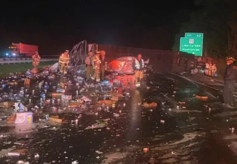 Overturned beer truck blocks interstate in Maryland