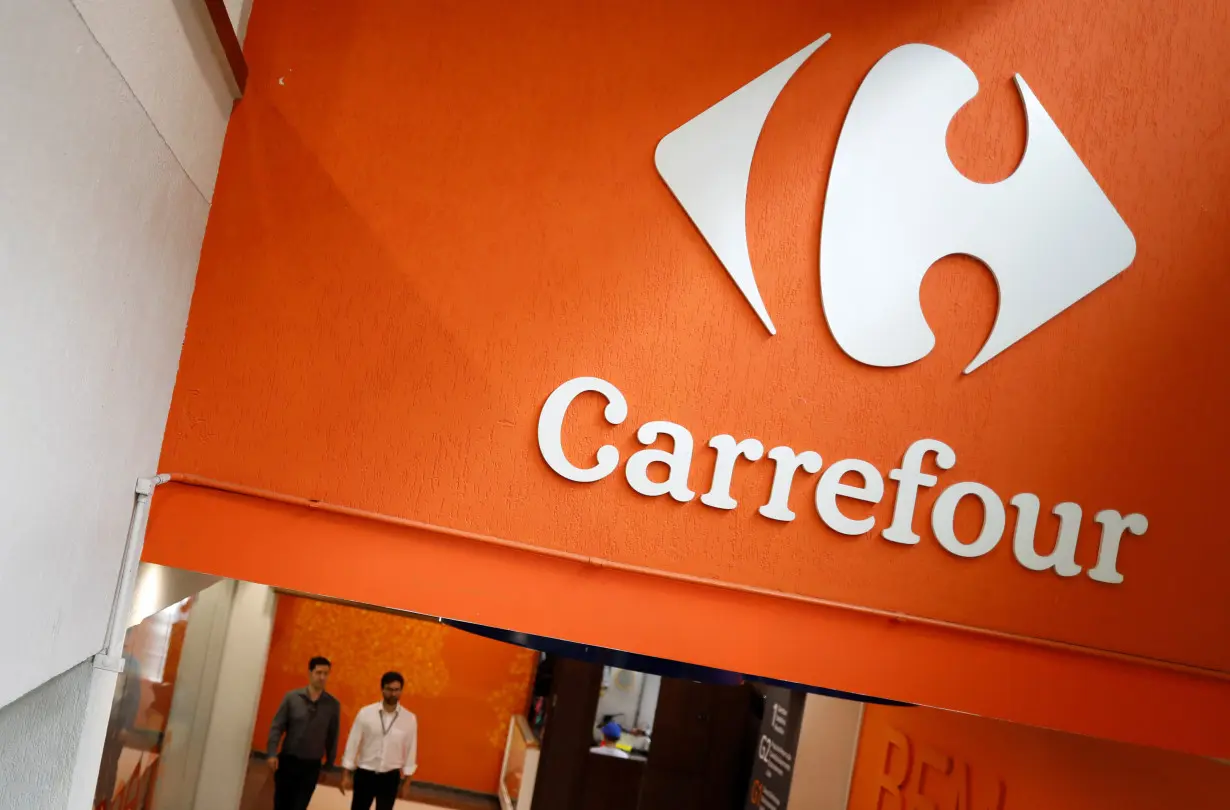 FILE PHOTO: The Carrefour logo is pictured in a supermarket in Sao Paulo