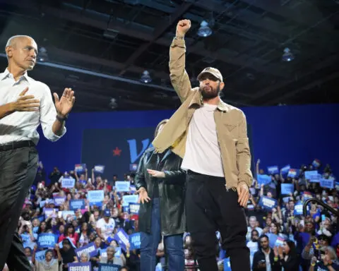 Rapper Eminem and Obama rally voters for Kamala Harris in Detroit