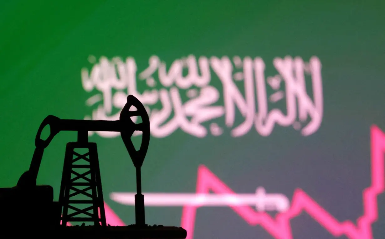 FILE PHOTO: Illustration shows Saudi Arabian flag, oil pump jack and stock graph