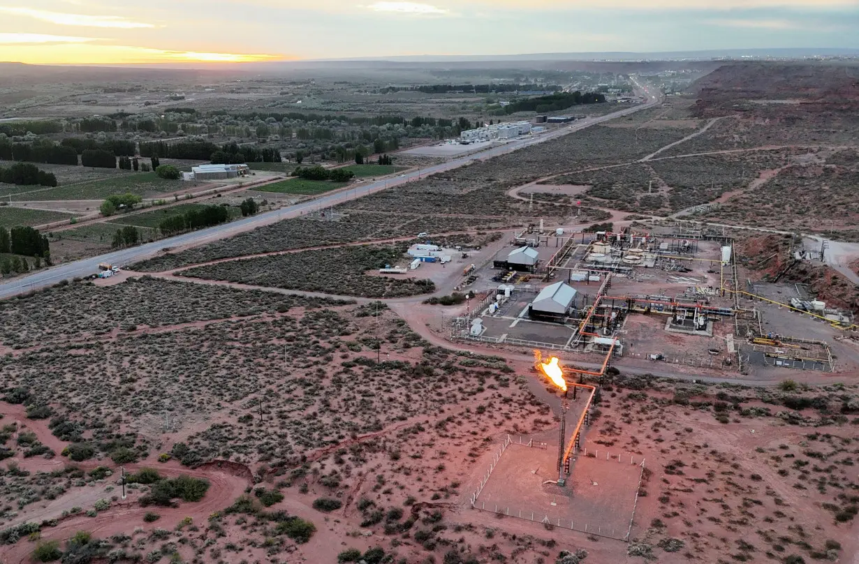 A drone view shows a shale gas flare in the Vaca Muerta formation outside the Patagonian oil and gas town Anelo