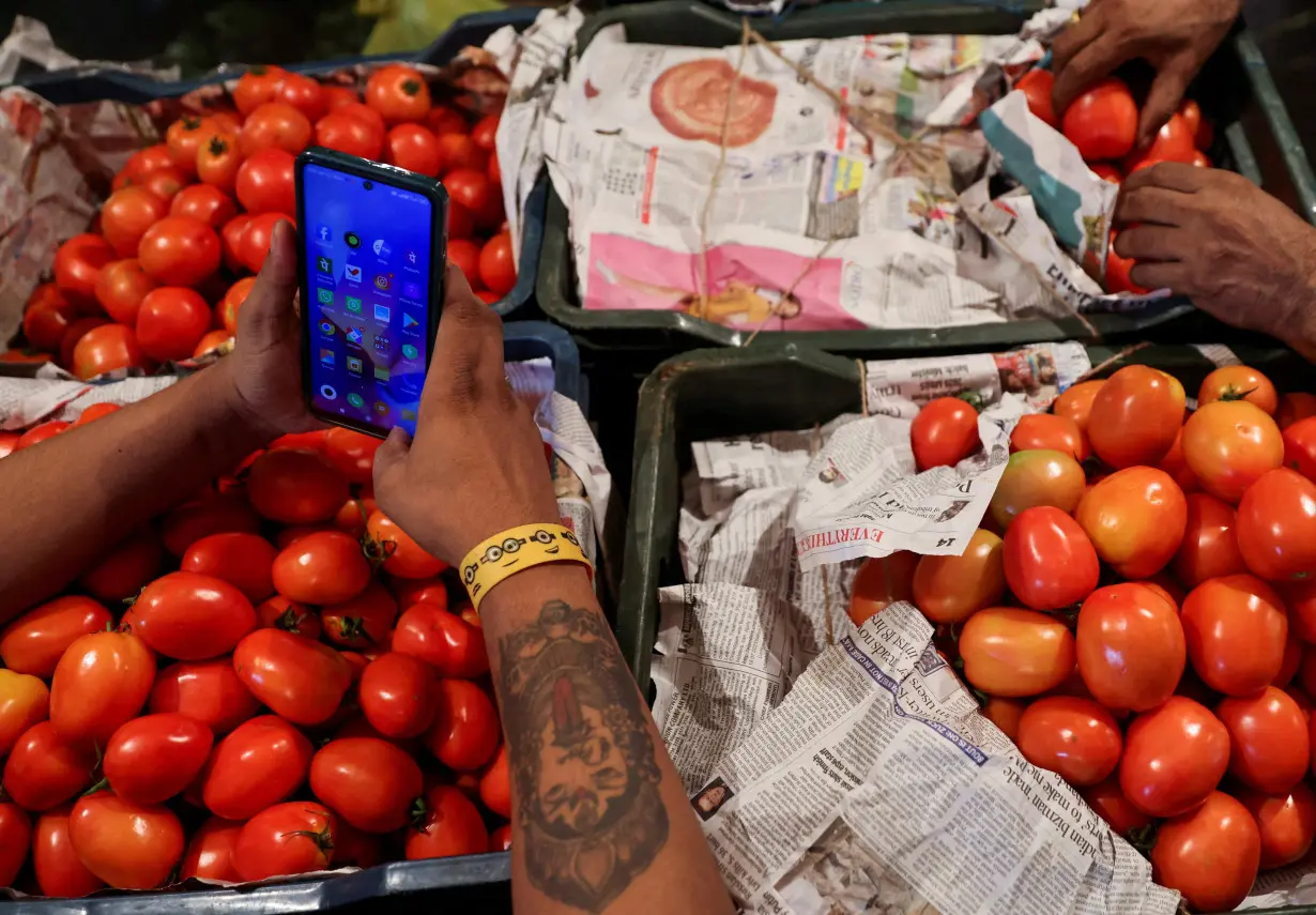 FILE PHOTO: Tomatoes covered with newspapers are seen in baskets at a vegetable wholesale market in Navi Mumbai