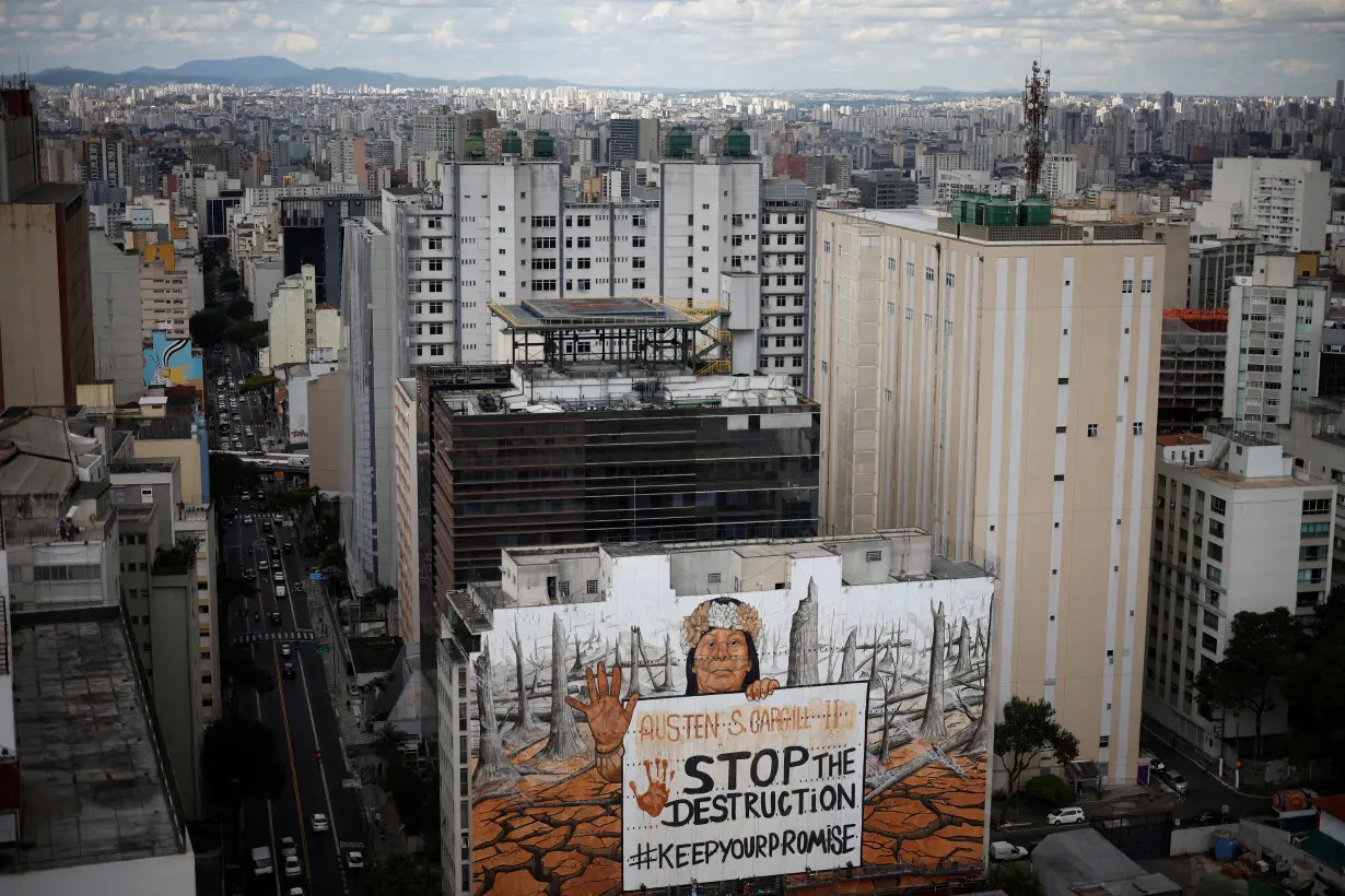 Brazilian artist and activist Mundano unveils a protest giant mural created with materials from recent environmental disasters, in Sao Paulo