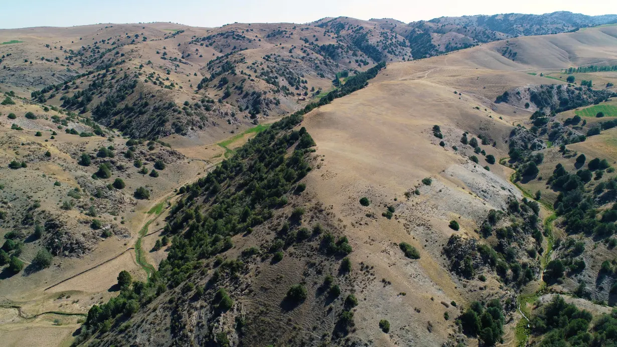 A drone photograph of a portion of the newly rediscovered medieval Silk Road city Tugunbulak