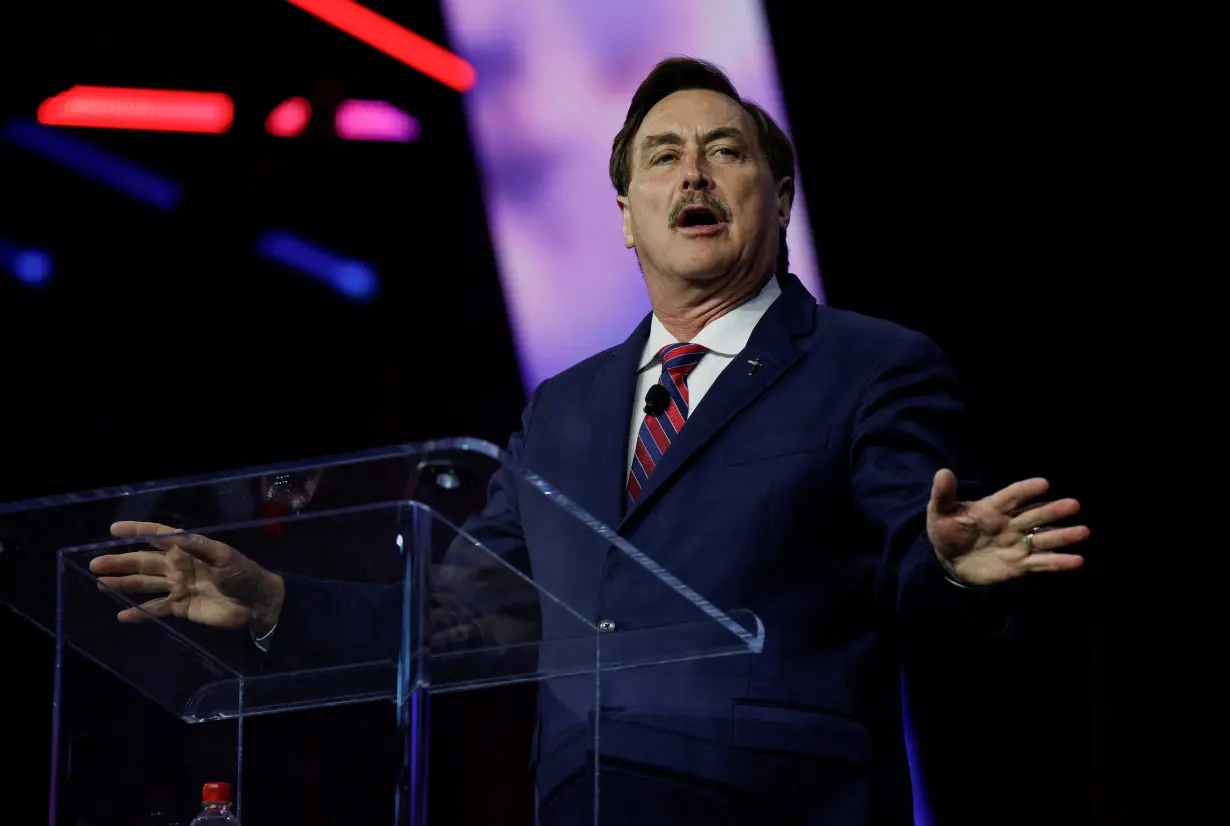 Mike Lindell, business man also known as My Pillow Guy, speaks at an event held by the national conservative political movement, 'Turning Point' in Detroit