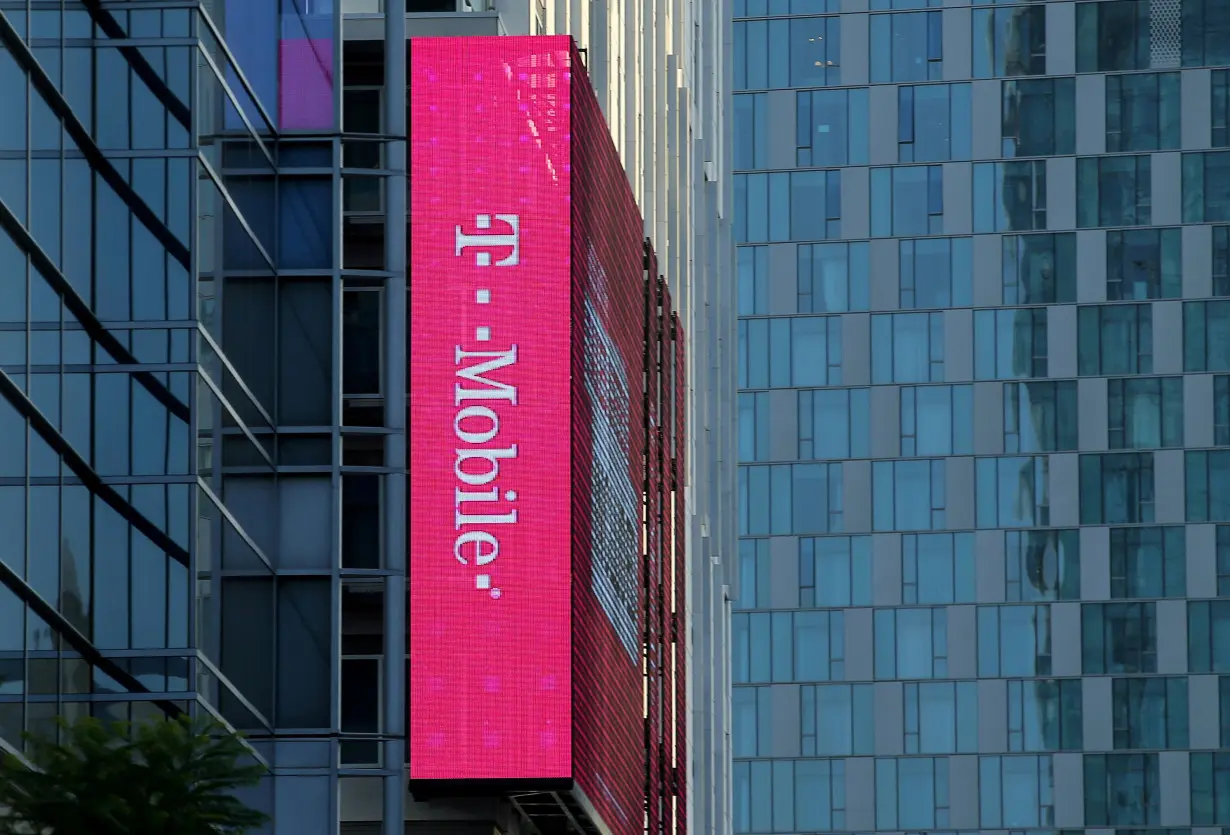 FILE PHOTO: T-Mobile logo is advertised on building sign in Los Angeles