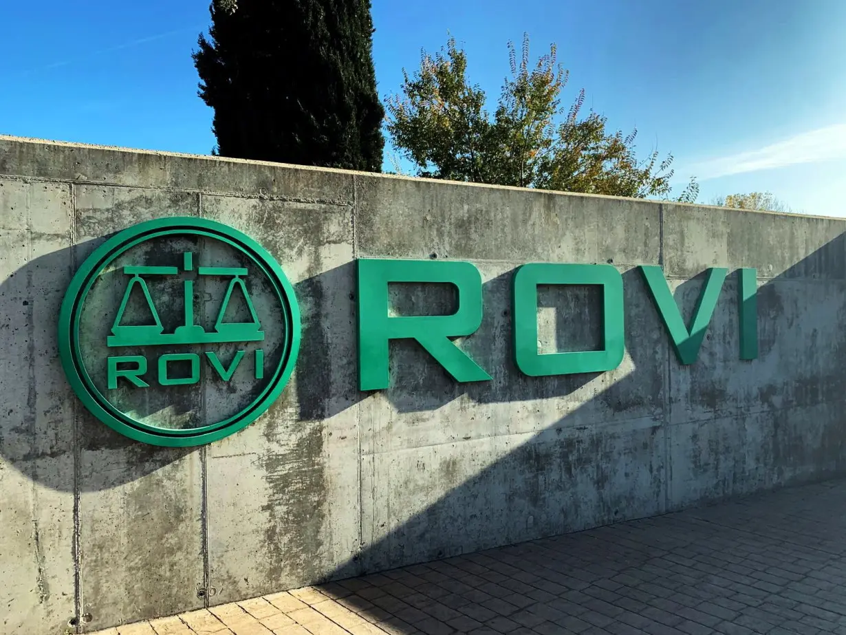 The logo of Spanish pharmaceutical firm Rovi, in charge of the 