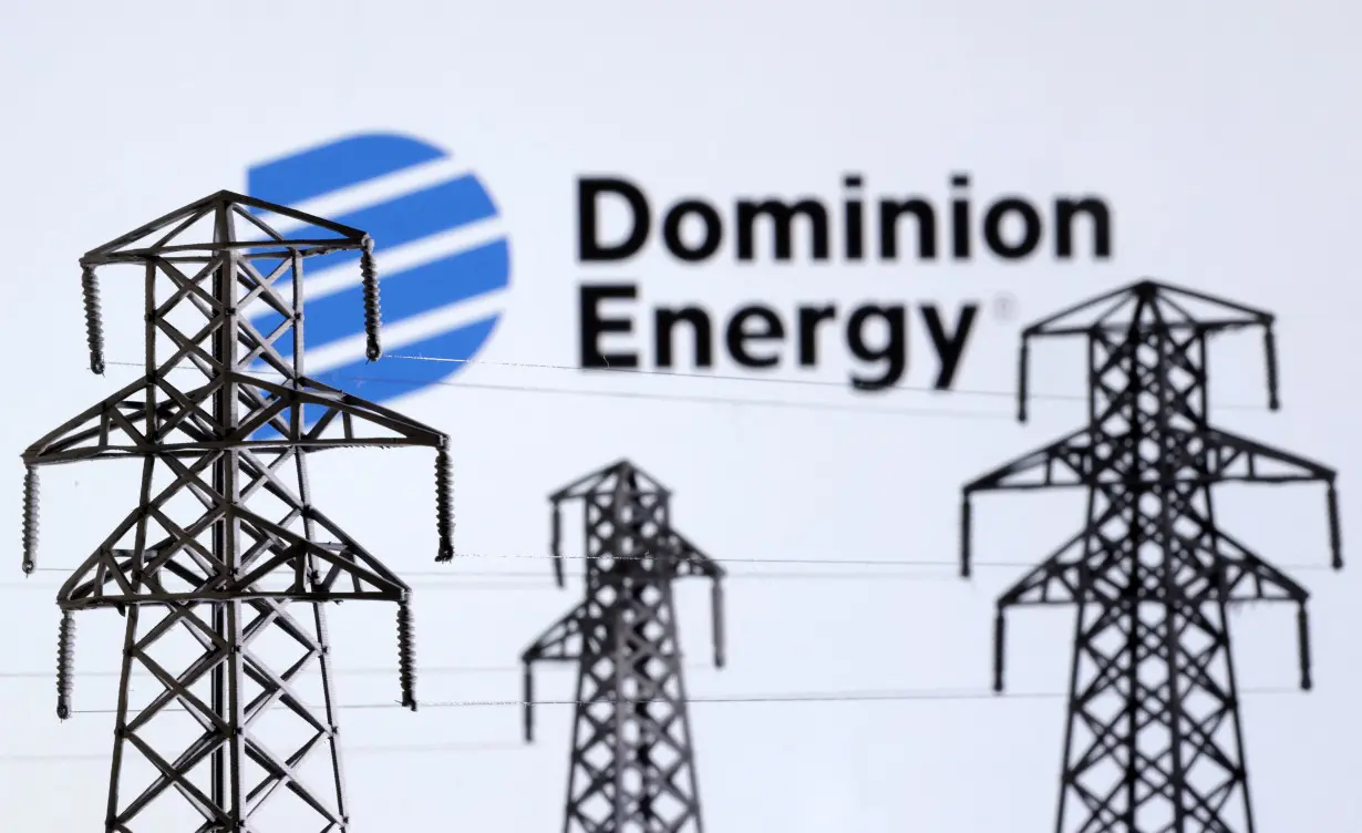 Illustration shows Electric power transmission pylon miniatures and Dominion Energy logo