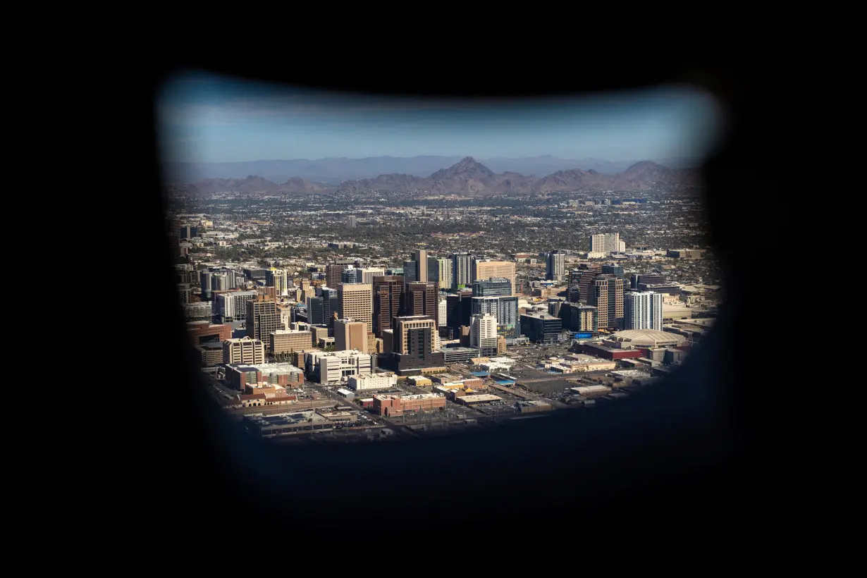 An aerial view shows the city skyline of Phoenix