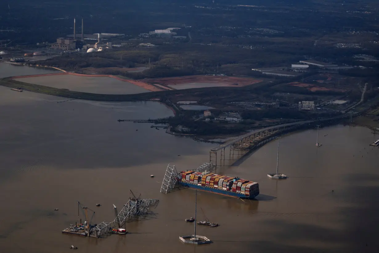 View of the Dali cargo vessel which crashed into the Francis Scott Key Bridge causing it to collapse in Baltimore, Maryland