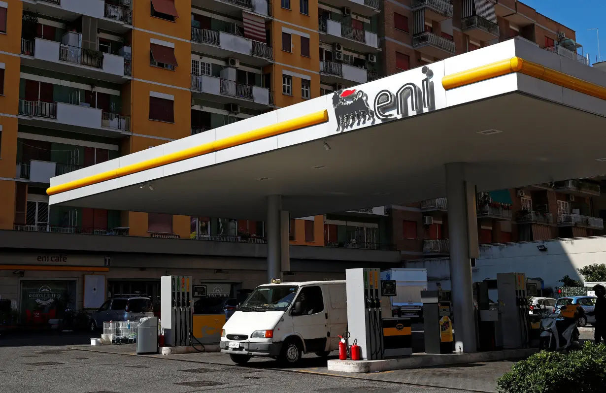 The logo of Italian energy company Eni is seen at a gas station in Rome