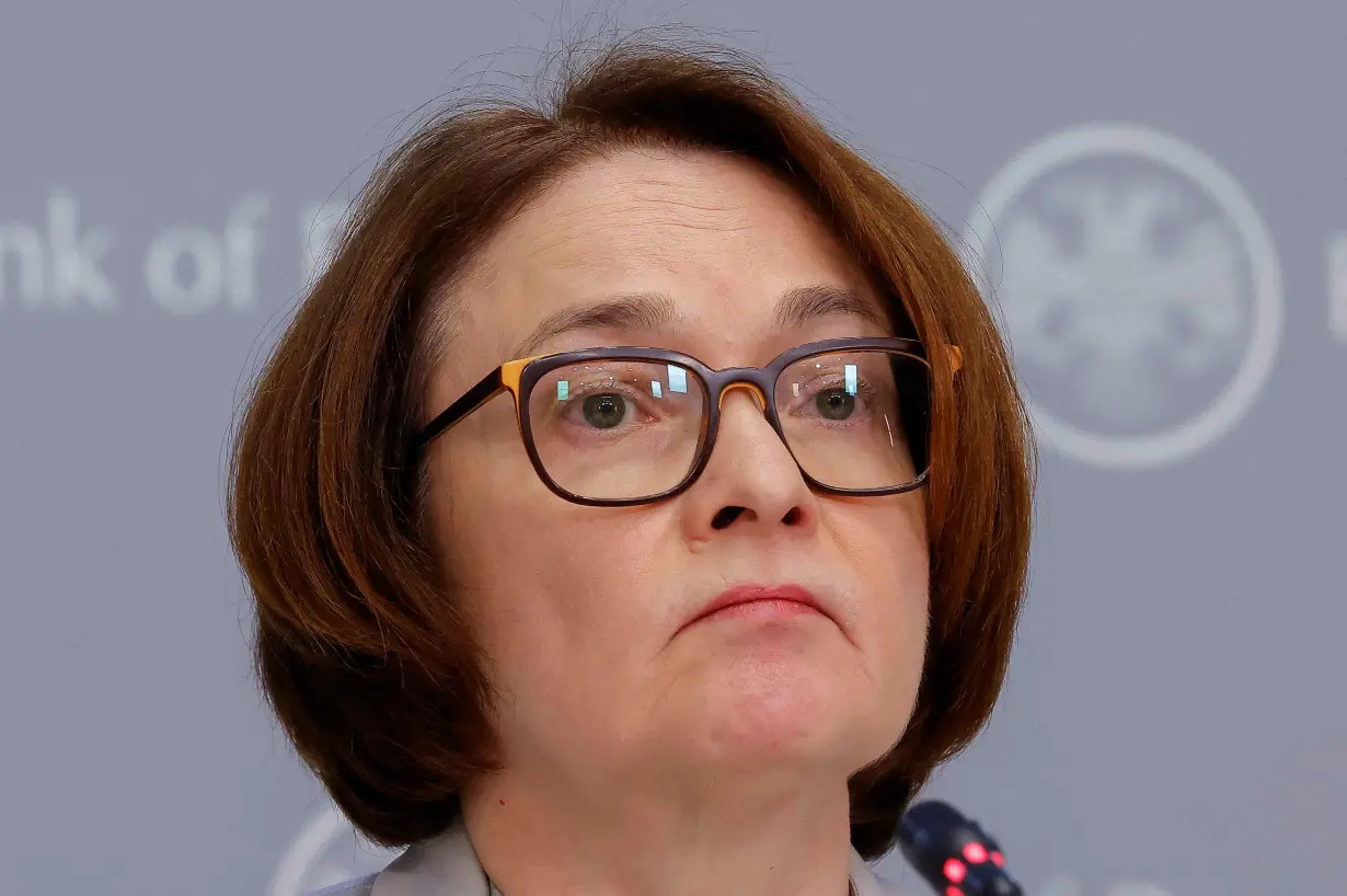 Elvira Nabiullina, Governor of Russian Central Bank, attends a press conference in Moscow