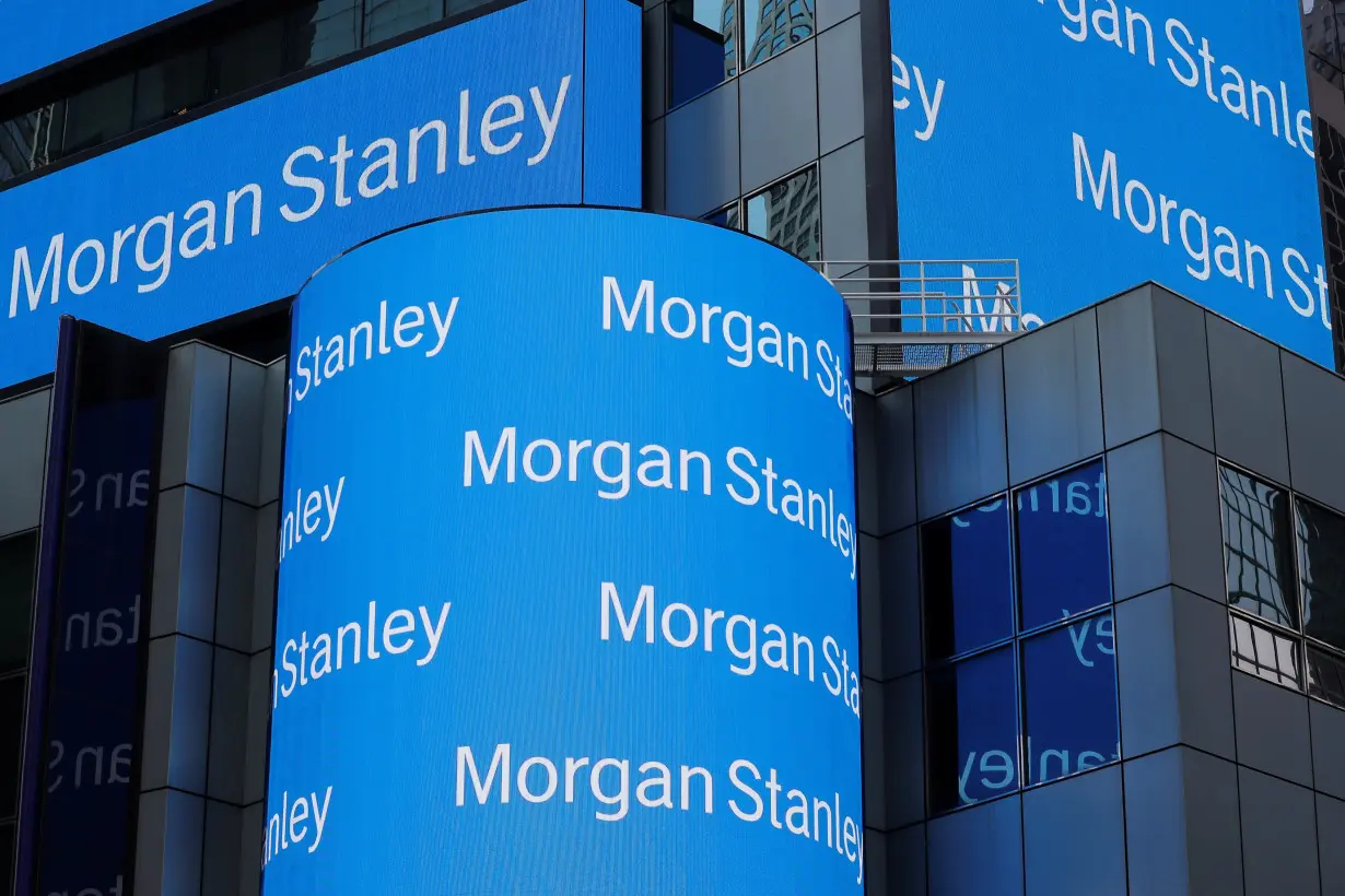 A sign is displayed on the Morgan Stanley building in New York