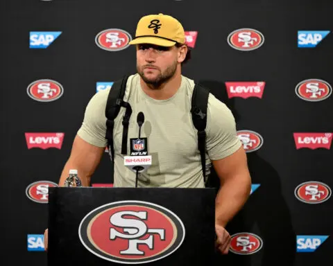 49ers lineman Nick Bosa crashes teammates’ interview to show support for Donald Trump with MAGA hat