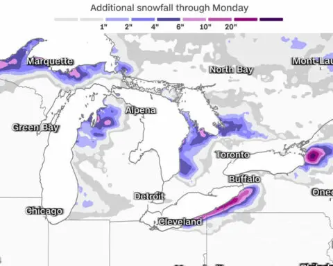 Parts of the Great Lakes region remain on alert as lake-effect snow continues to create near-whiteout conditions