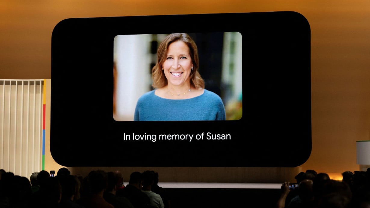 An image of former YouTube CEO and Google executive Susan Wojcicki is displayed during a memorial held in her memory, in Mountain View, California, on August 13.