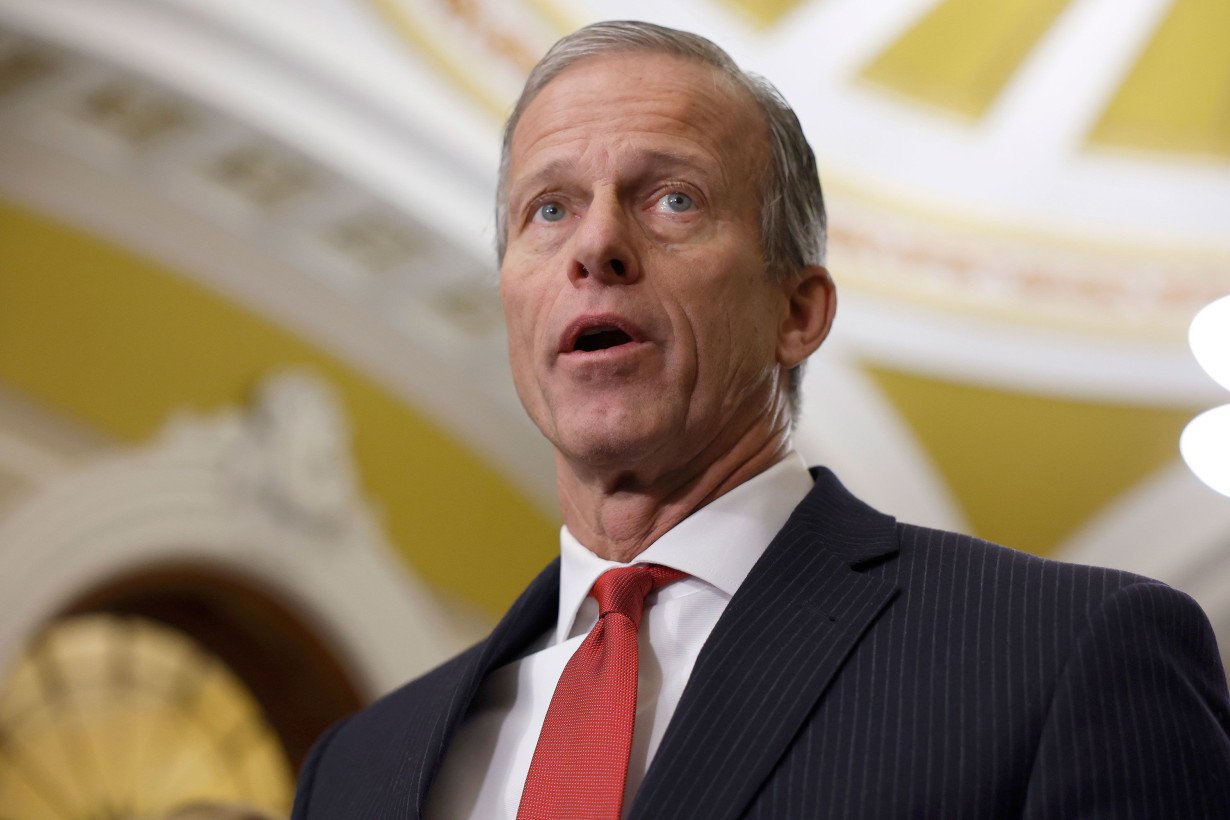 Senate Minority Whip John Thune (R-SD) speaks at a news conference after a weekly policy luncheon with Senate Republicans at the U.S. Capitol Building on December 12, 2023, in Washington, DC.