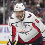 Alex Ovechkin skates before Capitals practice as he works to return from a broken leg