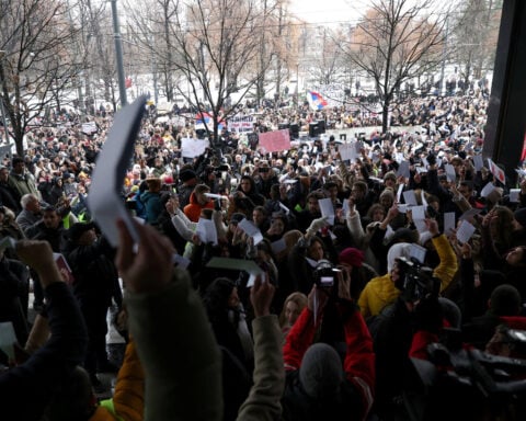 Serbian students march in Belgrade to protest train station disaster