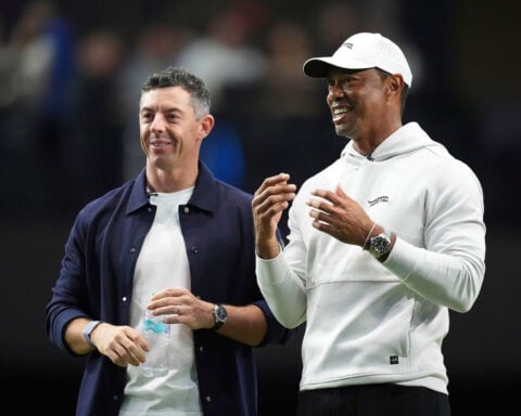 Tiger Woods and Rory McIlroy watch on as The Bay Golf Club wins opening match of high-tech indoor TGL golf league