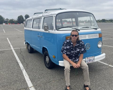 A retro blue VW van miraculously survives deadly Los Angeles fire