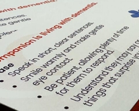Caregiver Companion Cards help people navigate conversations with dementia patients and caregivers in public