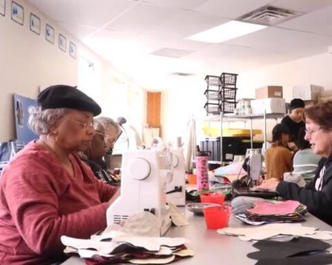 Women sew feminine care products for girls around the world