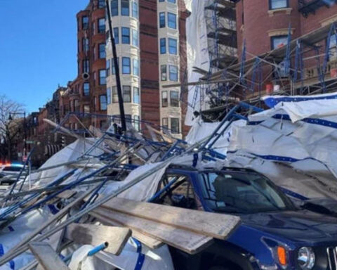 Huge scaffolding collapses in Boston as howling winds whip across Massachusetts