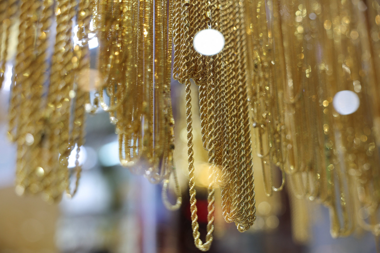 Jewellery is displayed at the Gold Souk market in Dubai