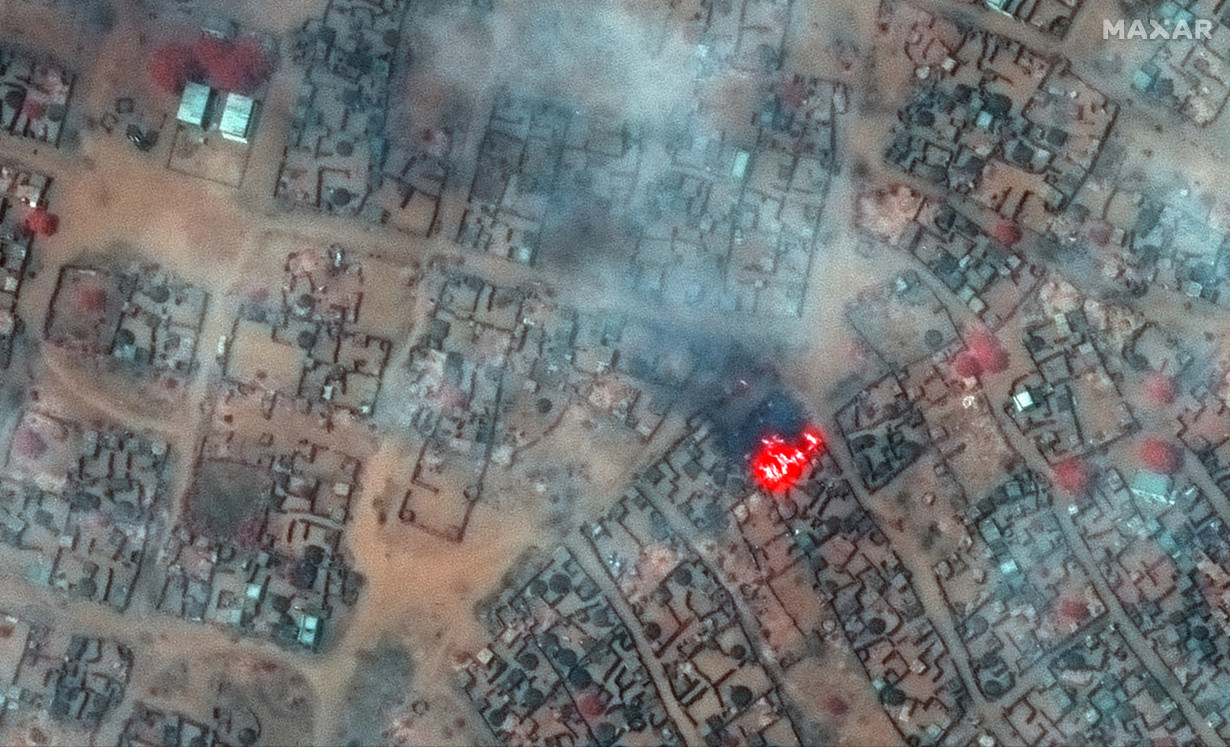 Satellite image shows smoke and fire in Zamzam Camp in North Darfur
